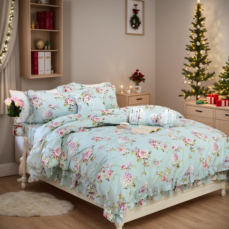 FADFAY Shabby Floarl Cotton Bedding Set Queen 4-Pieces Light Blue Hydrangea Print Duvet Cover Set with Bedskirt French Country Style with Ruffle -1 Duvet Cover, 1 Bedskirt, 2 Pillowshams - Image 2